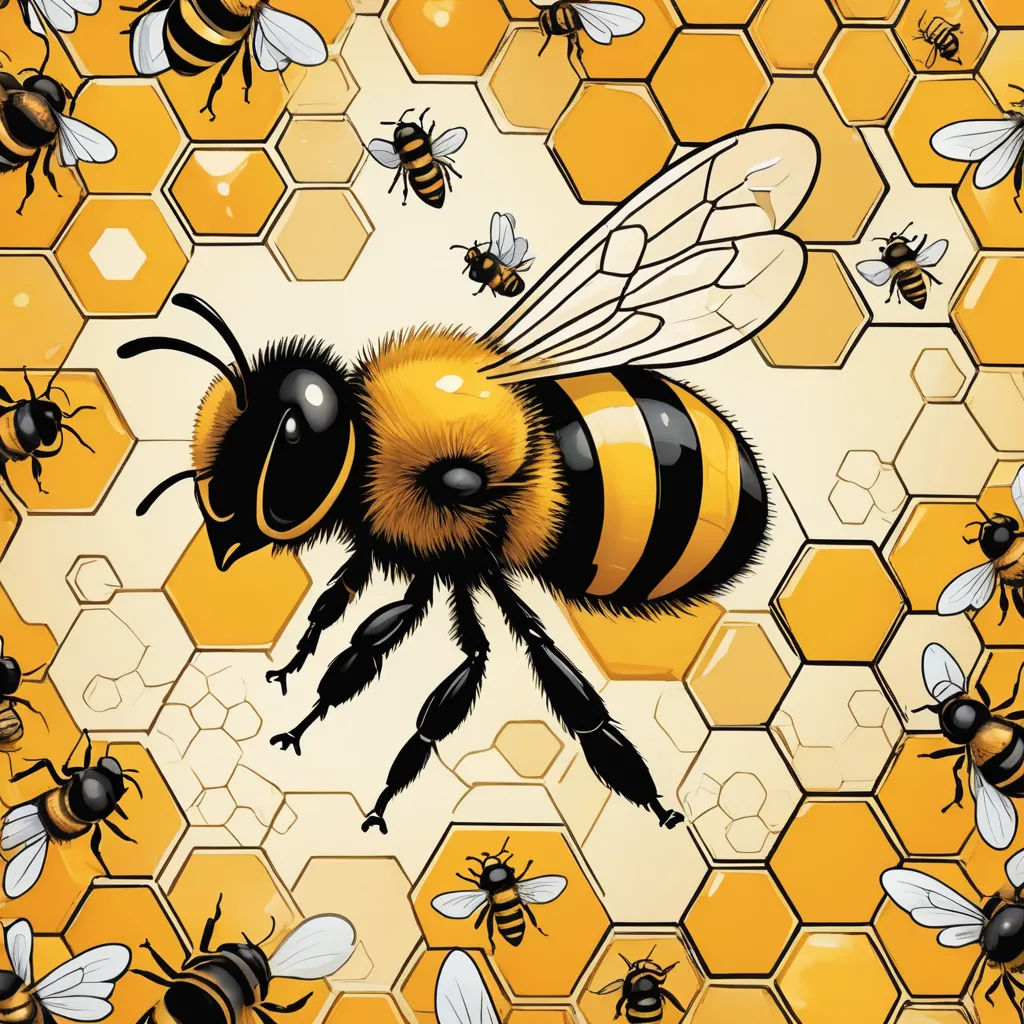 a bee on a honeycomb with honey combs around it and a honeybee on the side of the frame, ecological art, an illustration of, Dan Mumford, detailed illustration