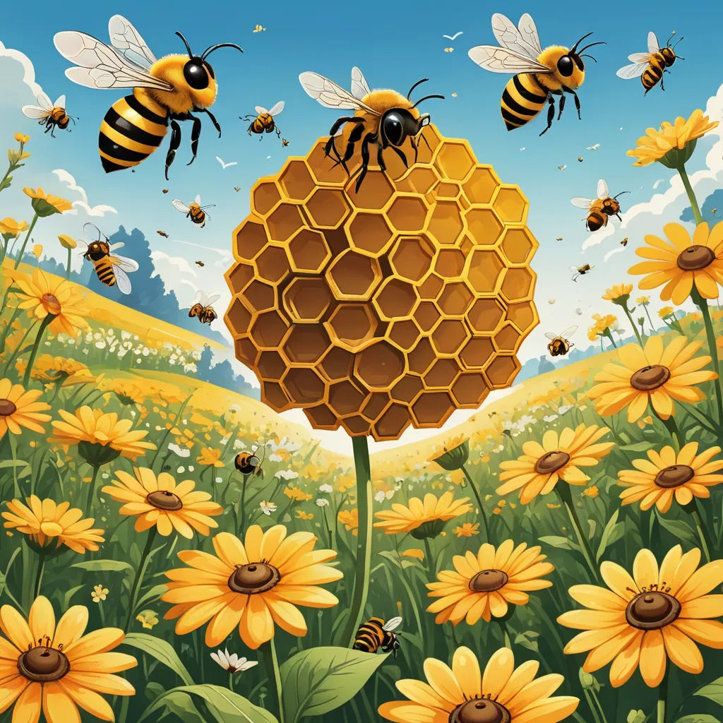 a painting of bees flying around a honeycomb in a field of sunflowers and daisies with a blue sky in the background, pop surrealism, a storybook illustration, Dan Mumford, highly detailed digital painting