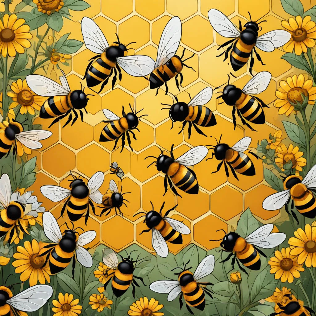a bunch of bees are flying around a honeycomb with sunflowers and bees on it, and a honeycomb with bees, generative art, an ultrafine detailed painting, Art & Language, highly detailed digital art