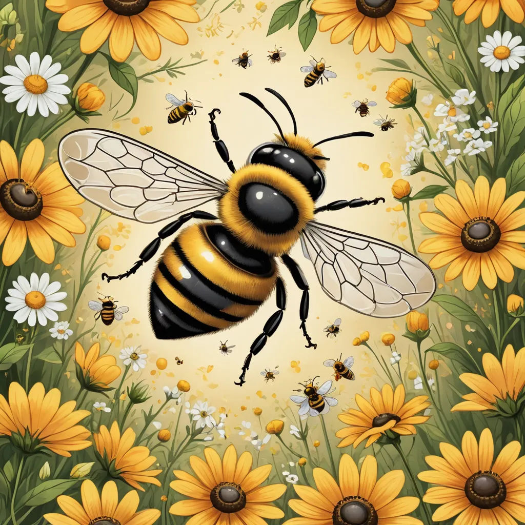a bee is surrounded by sunflowers and daisies on a yellow background with a white border with a black center, ecological art, an illustration of, Annabel Kidston, highly detailed digital painting