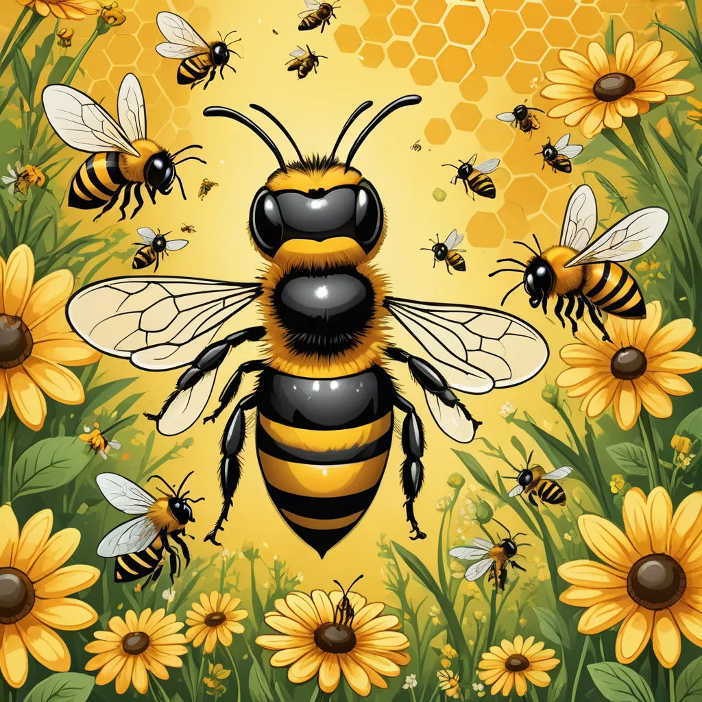 a bee surrounded by bees and sunflowers on a yellow background with bees flying around it and a honeycomb, ecological art, an illustration of, Dan Mumford, detailed illustration