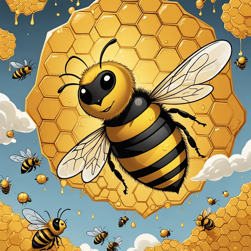 a bee flying over a honeycomb with bees around it on a blue sky background with clouds and stars, pop surrealism, an illustration of, Dan Mumford, highly detailed digital art