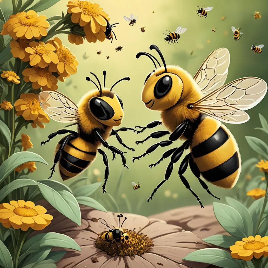 two bees are fighting over a flower in a field of flowers and bees are flying around the flowers and bees are flying around, furry art, a digital painting, Chris LaBrooy, highly detailed digital painting