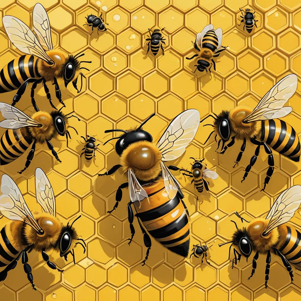 a group of bees on a honeycomb with honey combs in the background of the image, a group of bees on a honeycomb, with honeycombs, on a honeycomb,, neoplasticism, an illustration of, Chris LaBrooy, high detail illustration