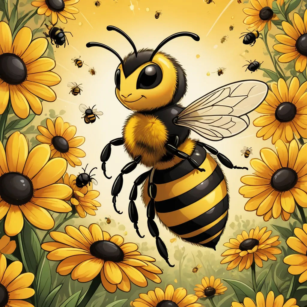 a bee flying over a field of sunflowers with bees around it and a yellow background with black dots, furry art, an illustration of, Chris LaBrooy, trending on art station