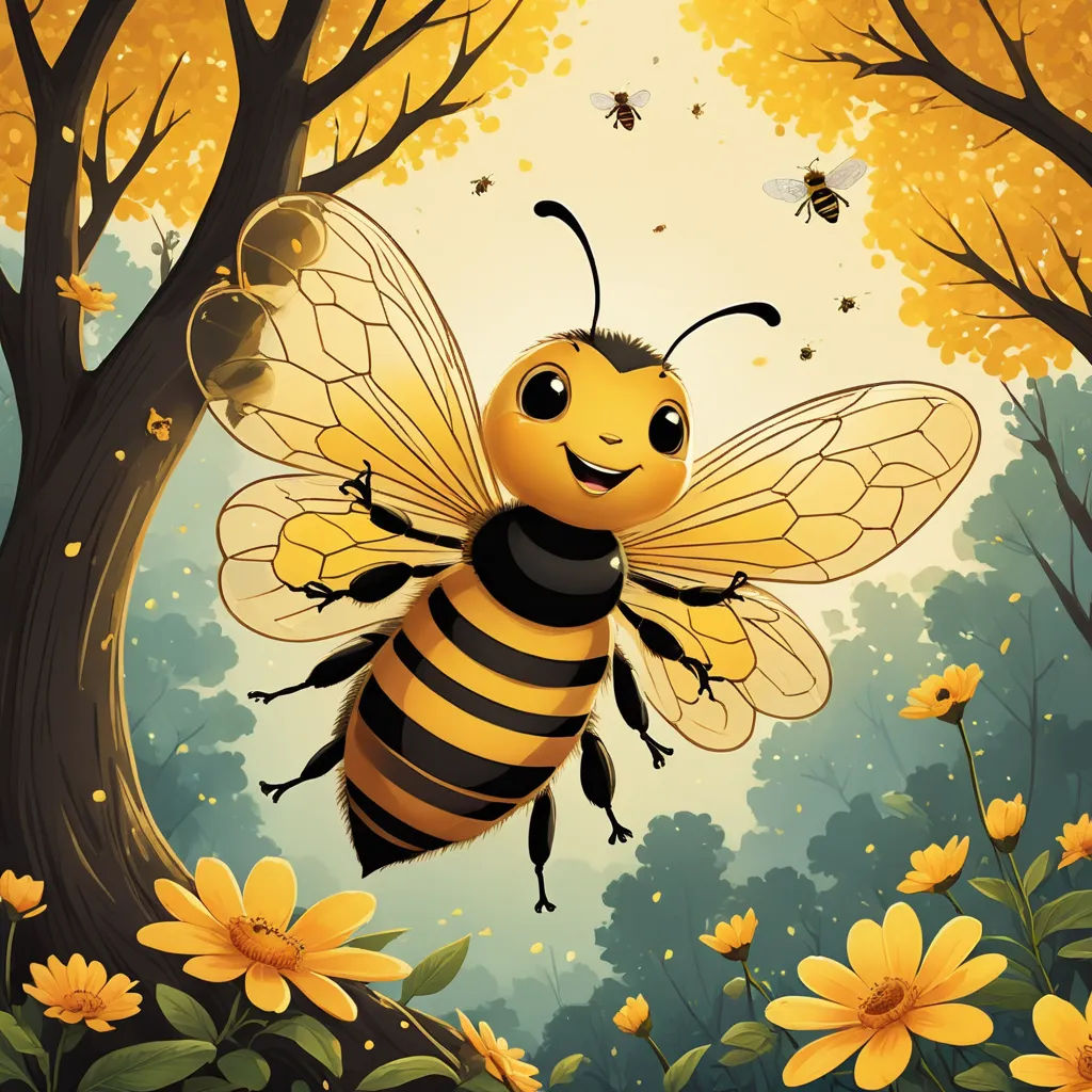 a cartoon bee flying over a forest full of flowers and trees with a bee in the middle of the frame, fantasy art, a storybook illustration, Adam Bruce Thomson, storybook illustration