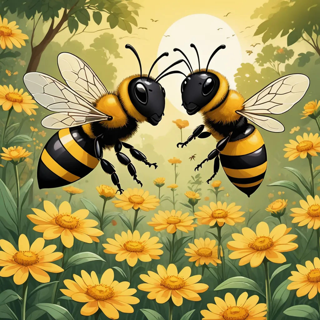 two bees are fighting over a flower in a field of yellow flowers with a full moon in the background, furry art, a storybook illustration, Anne Said, detailed illustration