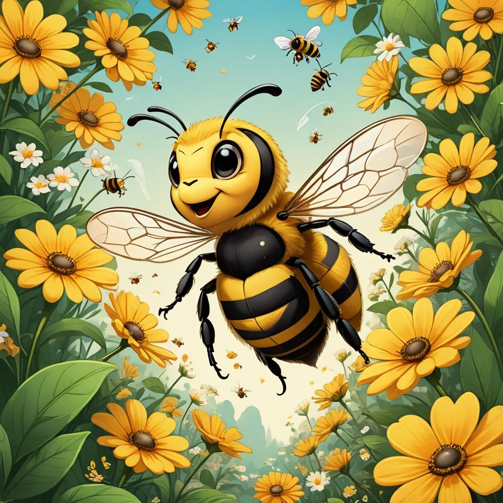 a bee flying over a field of yellow flowers and bees flying around it's perimeters with a blue sky in the background, pop surrealism, a storybook illustration, Chris LaBrooy, highly detailed digital painting
