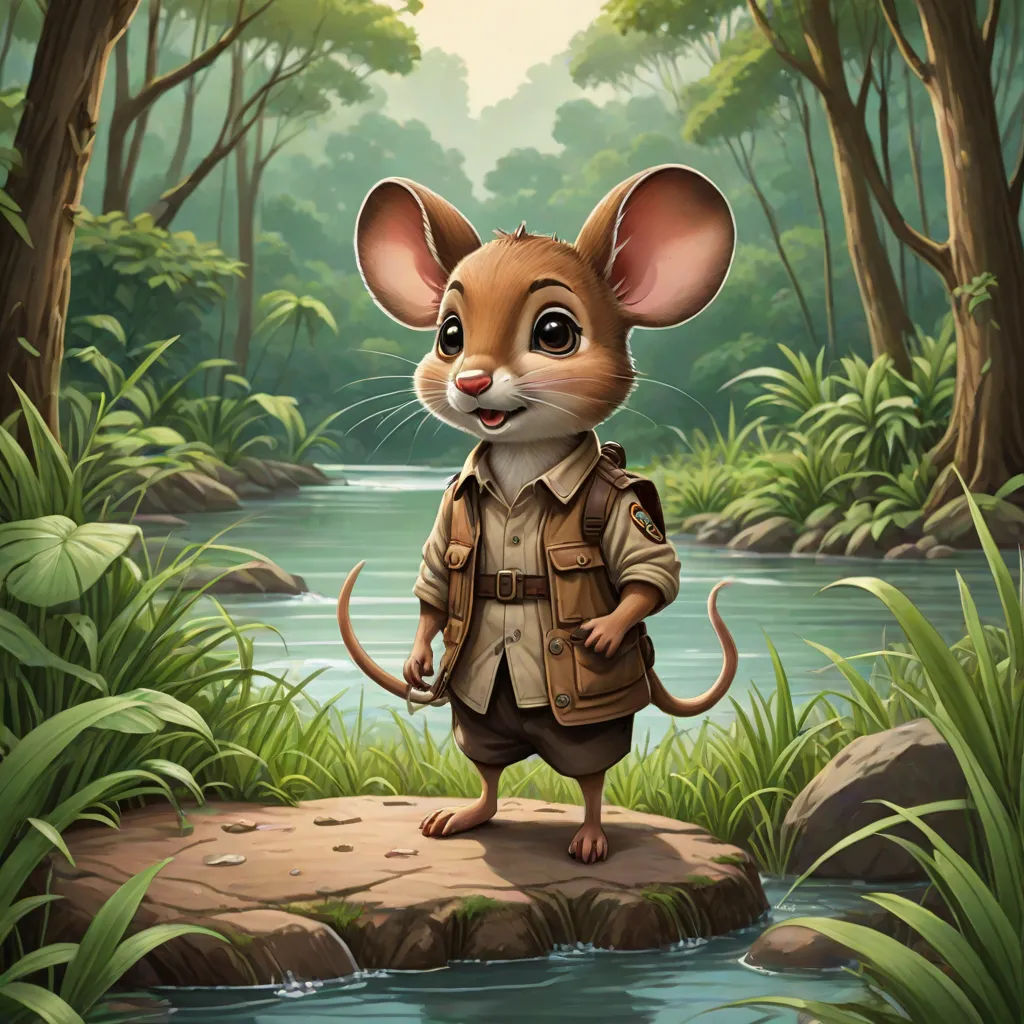 a mouse in a safari outfit standing on a rock in a forest by a river with a stream in the background, a character portrait, Chris LaBrooy, sots art, game art