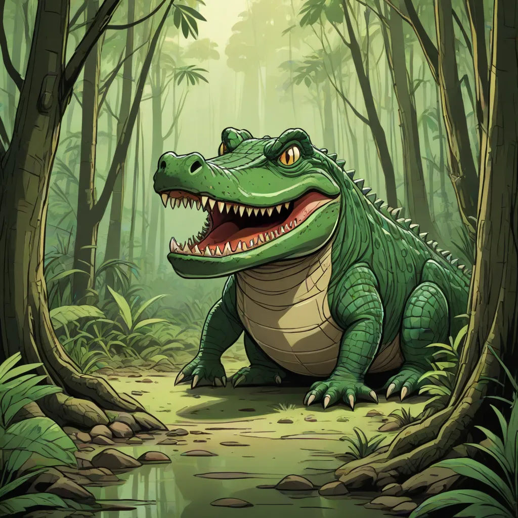 a green alligator sitting in the middle of a forest with a pond of water in front of it and a forest background, a storybook illustration, Chris LaBrooy, sots art, storybook illustration