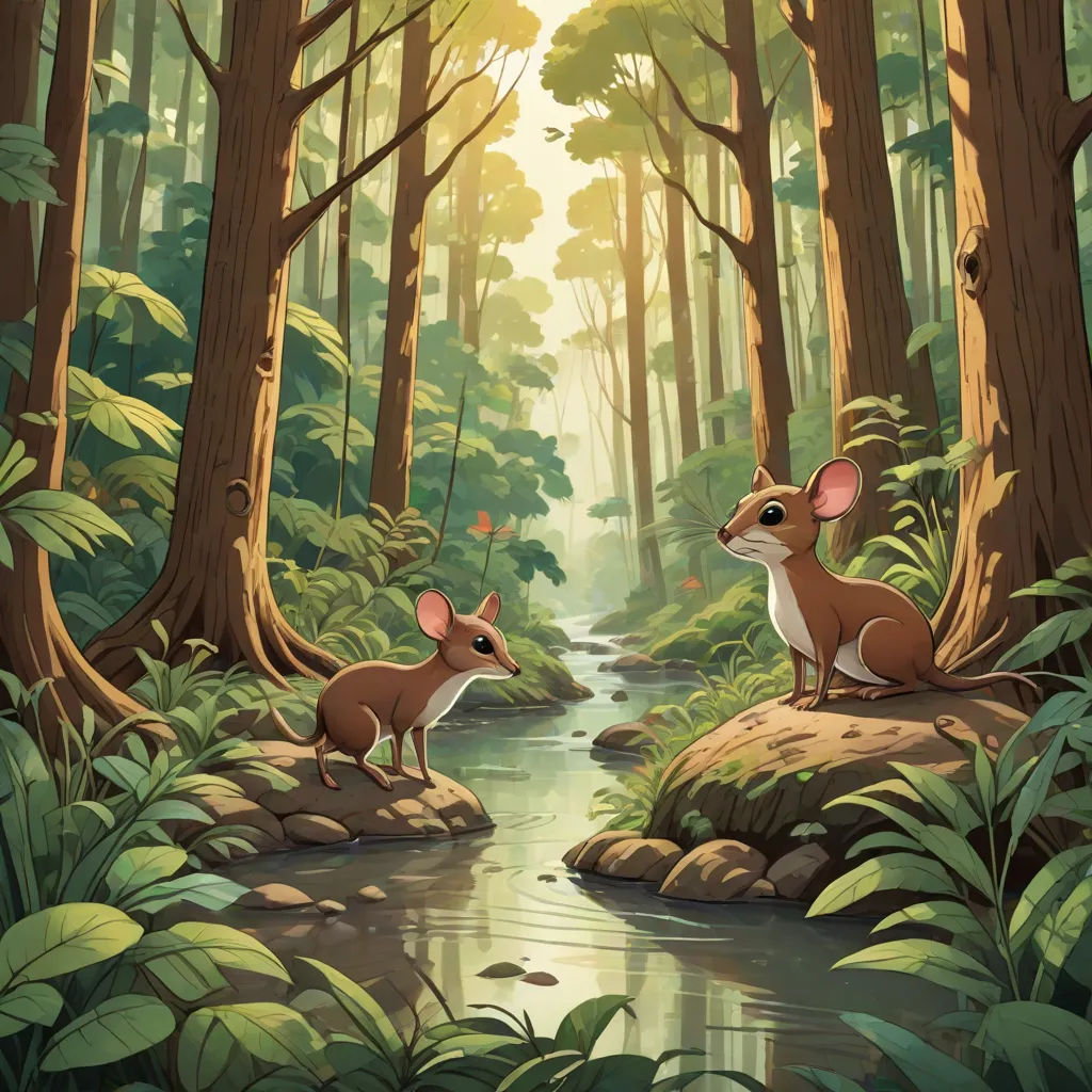 a painting of two deers in a forest by a stream of water and trees with sunlight coming through the trees, a storybook illustration, Chris LaBrooy, furry art, official art
