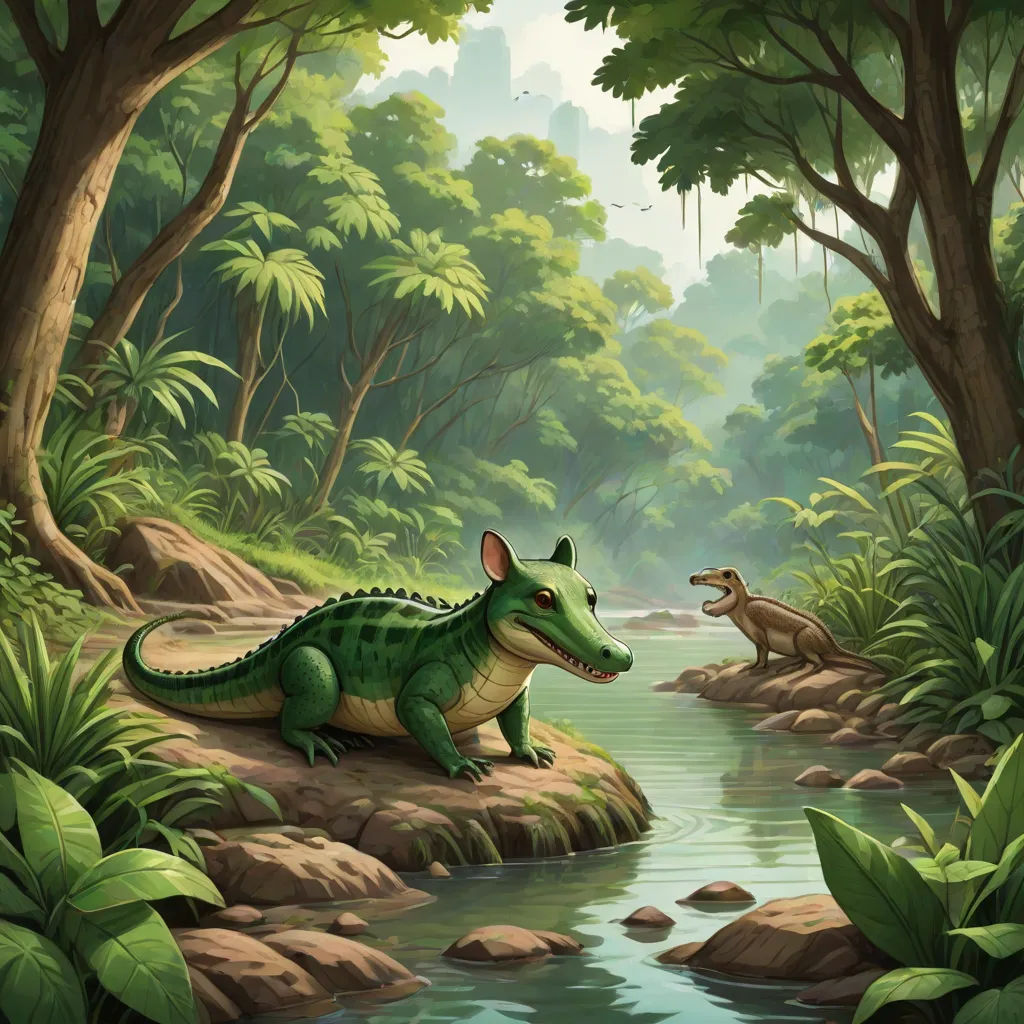 a green alligator and a brown kangaroo in a jungle setting by a river with trees and rocks and a stream running through it, a storybook illustration, Chris LaBrooy, fantasy art, magic the gathering artwork