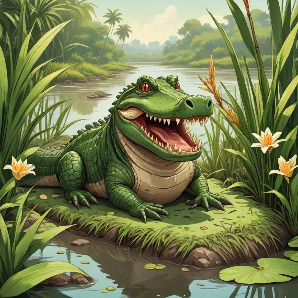 a crocodile is sitting on a small island in the water with lily pads and a lily pad in the foreground, a storybook illustration, Chris LaBrooy, fantasy art, highly detailed digital painting