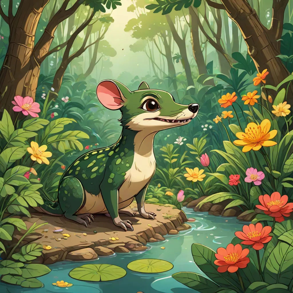 a cartoon animal sitting on a rock in a forest with flowers and plants around it, looking at the camera, a character portrait, Chris LaBrooy, sots art, game art
