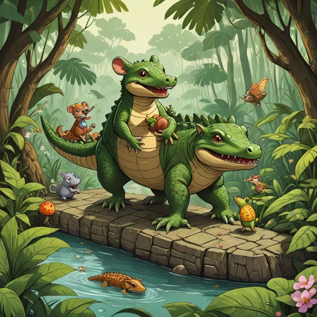 a group of animals that are standing in the woods together on a bridge over a river and a pond, a storybook illustration, Chris LaBrooy, fantasy art, storybook illustration