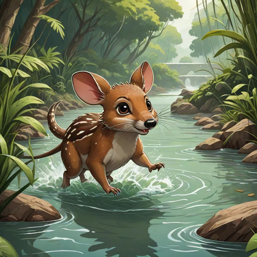 a cartoon animal running through a river in the jungle with a waterfall in the background and a bridge in the distance, a storybook illustration, Chris LaBrooy, furry art, official art