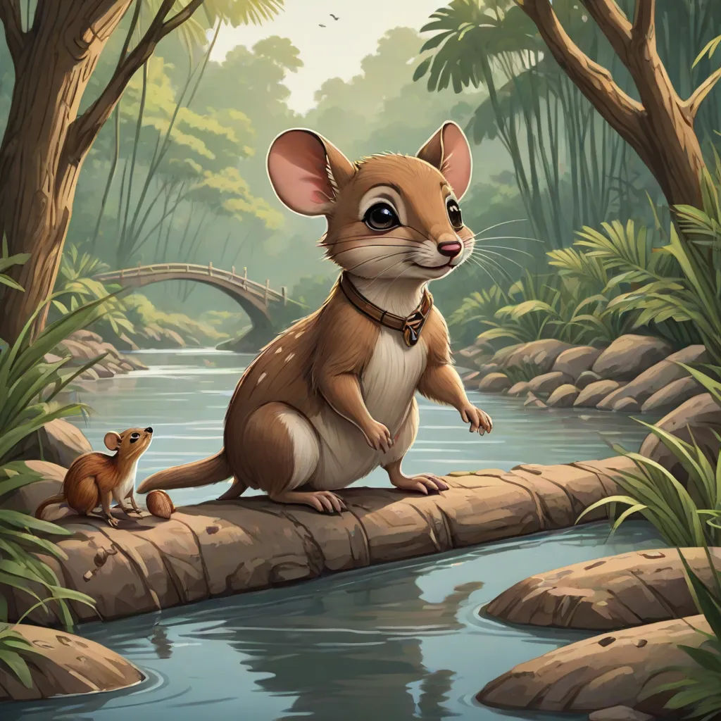 a mouse and a mouse on a log in a forest by a river with a bridge and a bridge, a storybook illustration, Chris LaBrooy, sots art, storybook illustration
