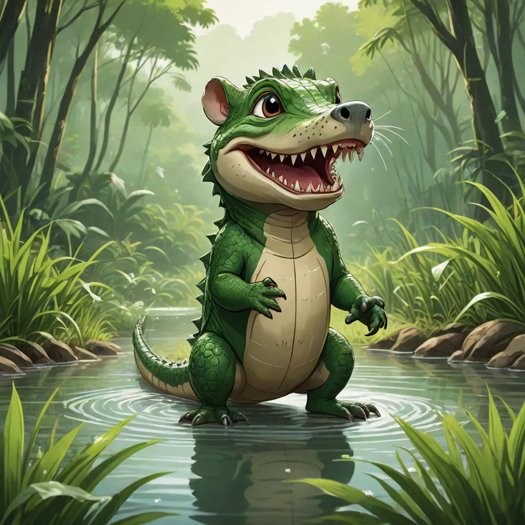 a cartoon alligator is sitting in a pond of water with its mouth open and teeth wide open, with a forest background, concept art, Chris LaBrooy, sots art, magic the gathering artwork