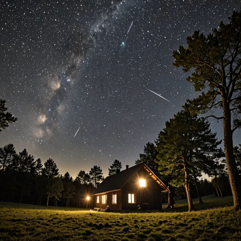 a cabin in the woods with a night sky full of stars and a shooting star above it and a tree with a few branches, space art, a photo, Daniel Lieske, astrophotography