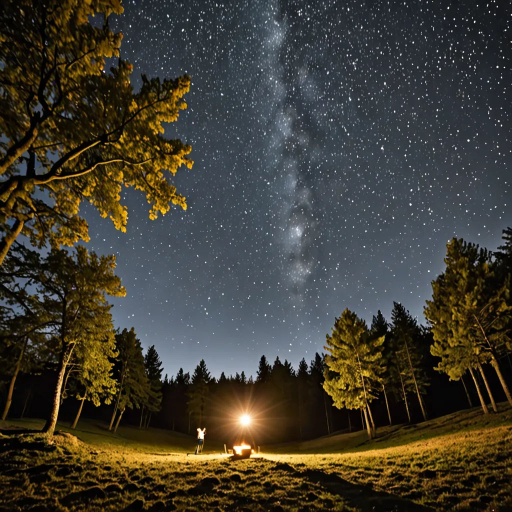a night time view of a forest with a bright light on the ground and a bright light on the trees, naturalism, a photo, Filip Hodas, astrophotography