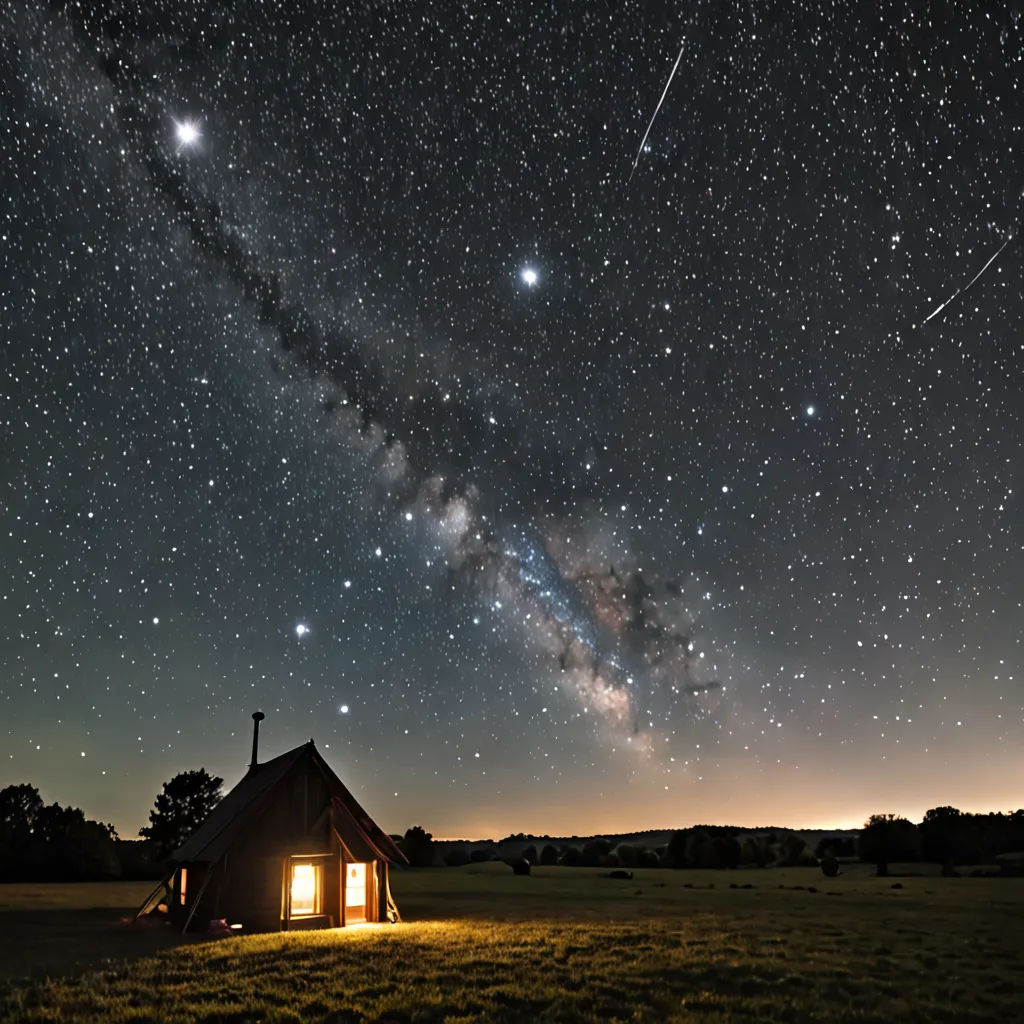 a small cabin in a field with a view of the night sky and stars above it, with a bright light shining on the cabin, space art, a storybook illustration, David Martin, award-winning photograph
