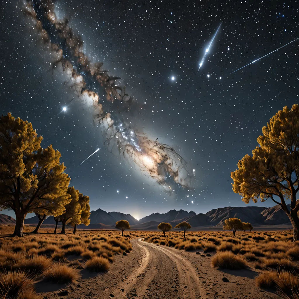 a road going through a desert with trees and a sky full of stars and a large galaxy in the background, space art, a detailed matte painting, Chris LaBrooy, astrophotography