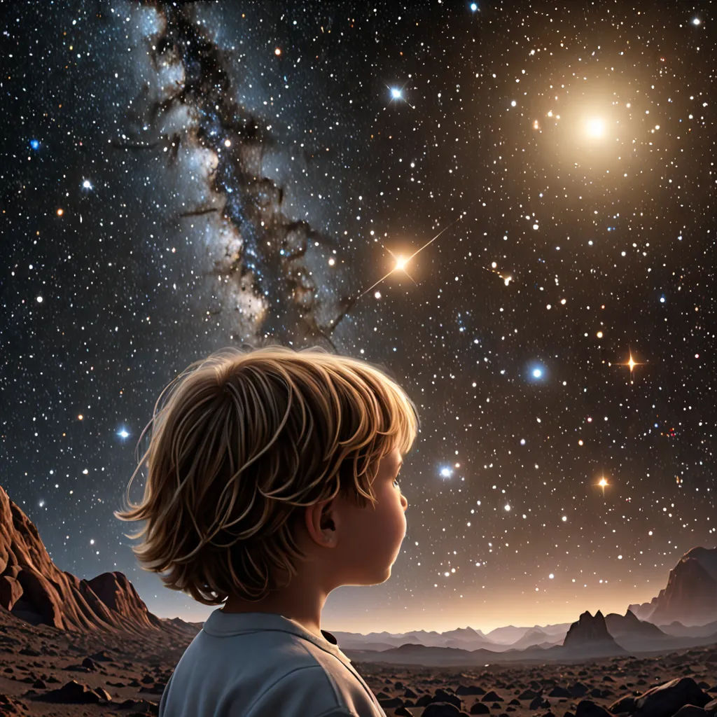 a boy looking at the stars in the sky above him and a mountain range in the background with a star field, space art, an ultrafine detailed painting, David A Hardy, highly detailed digital painting
