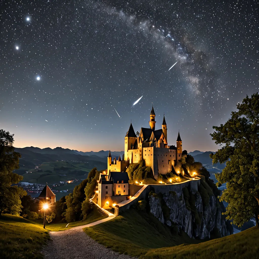 a castle on a hill with a night sky in the background and stars in the sky above it, and a path leading to the castle, german romanticism, a storybook illustration, Chris LaBrooy, award - winning photo
