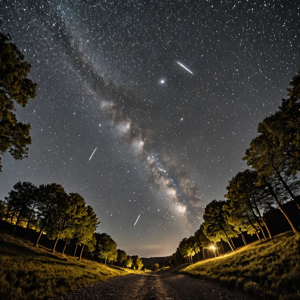 a road with a sky full of stars and a shooting star in the distance with trees on both sides, space art, a photo, Alson S. Clark, award-winning photograph