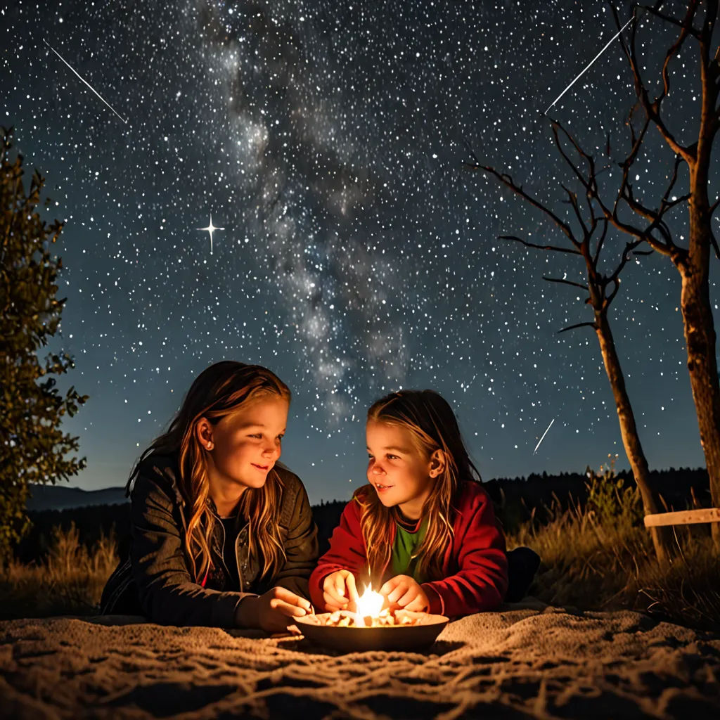 two girls sitting on a blanket looking at a candle in the dark sky with stars in the background and a tree in the foreground, space art, a storybook illustration, Daniel Lieske, award-winning photograph