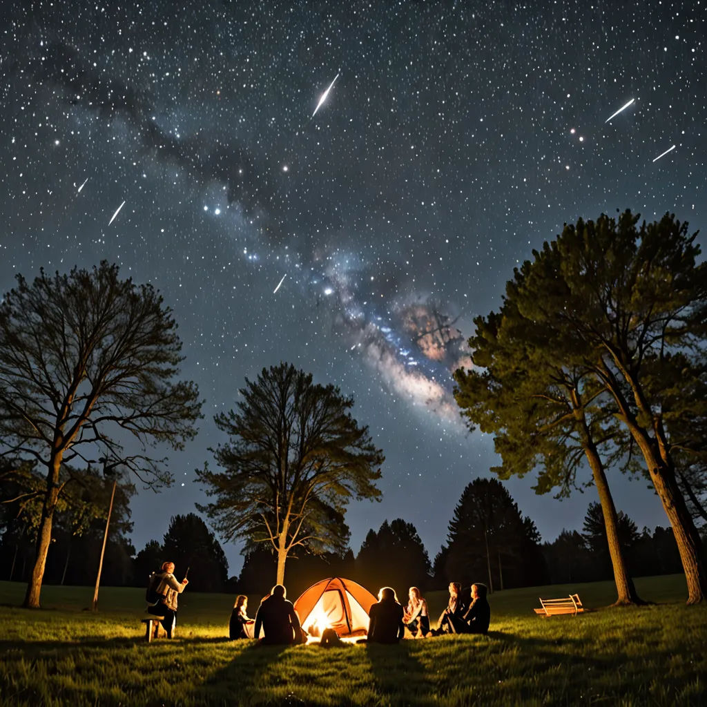 a group of people sitting around a campfire under a night sky filled with stars and a shooting star, space art, a storybook illustration, Alson S. Clark, award-winning photograph