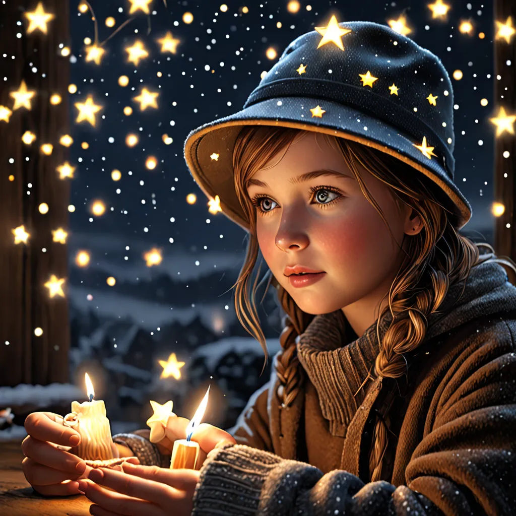 a little girl holding a lit candle in her hand with a snowy night background behind her and stars on the sky, magical realism, a storybook illustration, Evgeny Lushpin, stars