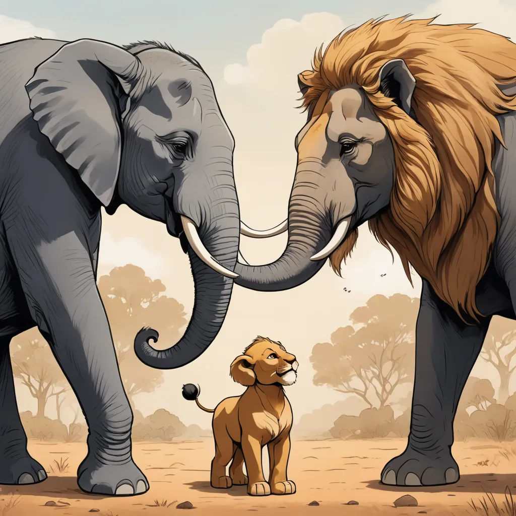 a couple of elephants standing next to each other on a field of grass and dirt with trees in the background, naturalism, a storybook illustration, Chris LaBrooy, storybook illustration