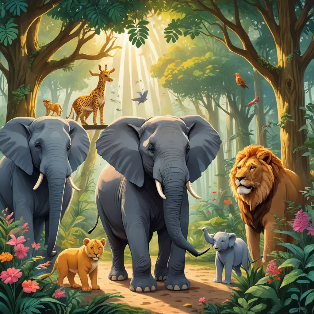 a painting of a group of elephants and lions in a jungle setting with a giraffe and a zebra, sumatraism, a storybook illustration, Chris LaBrooy, promotional image