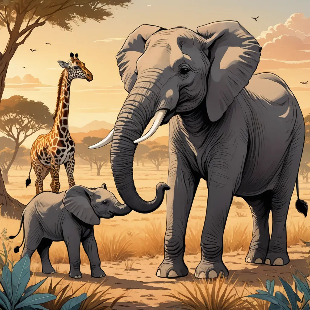 a giraffe and a baby elephant are in the wild together, with a giraffe in the background, naturalism, a storybook illustration, Chris LaBrooy, storybook illustration