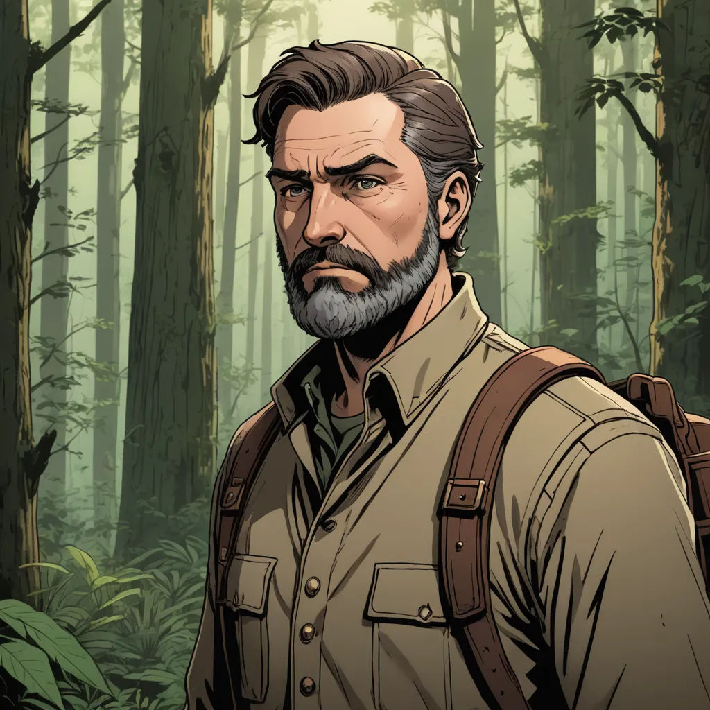 a man with a beard and a backpack in a forest with trees and bushes behind him, looking at the camera, sots art, a character portrait, Clark Voorhees, character portrait
