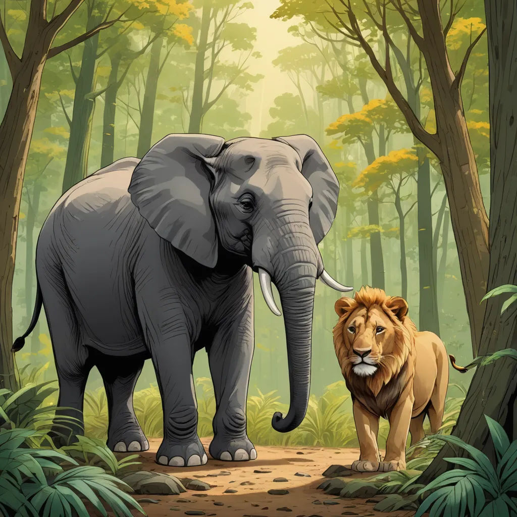 a lion and an elephant walking through a forest of trees and bushes, with a path leading to them, sots art, a storybook illustration, Chris LaBrooy, storybook illustration