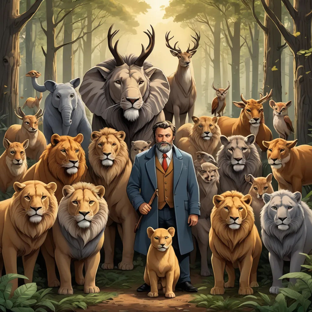 a man standing in front of a group of lions and lions in a forest with a lion and a lion cub, furry art, a storybook illustration, Chris LaBrooy, official art