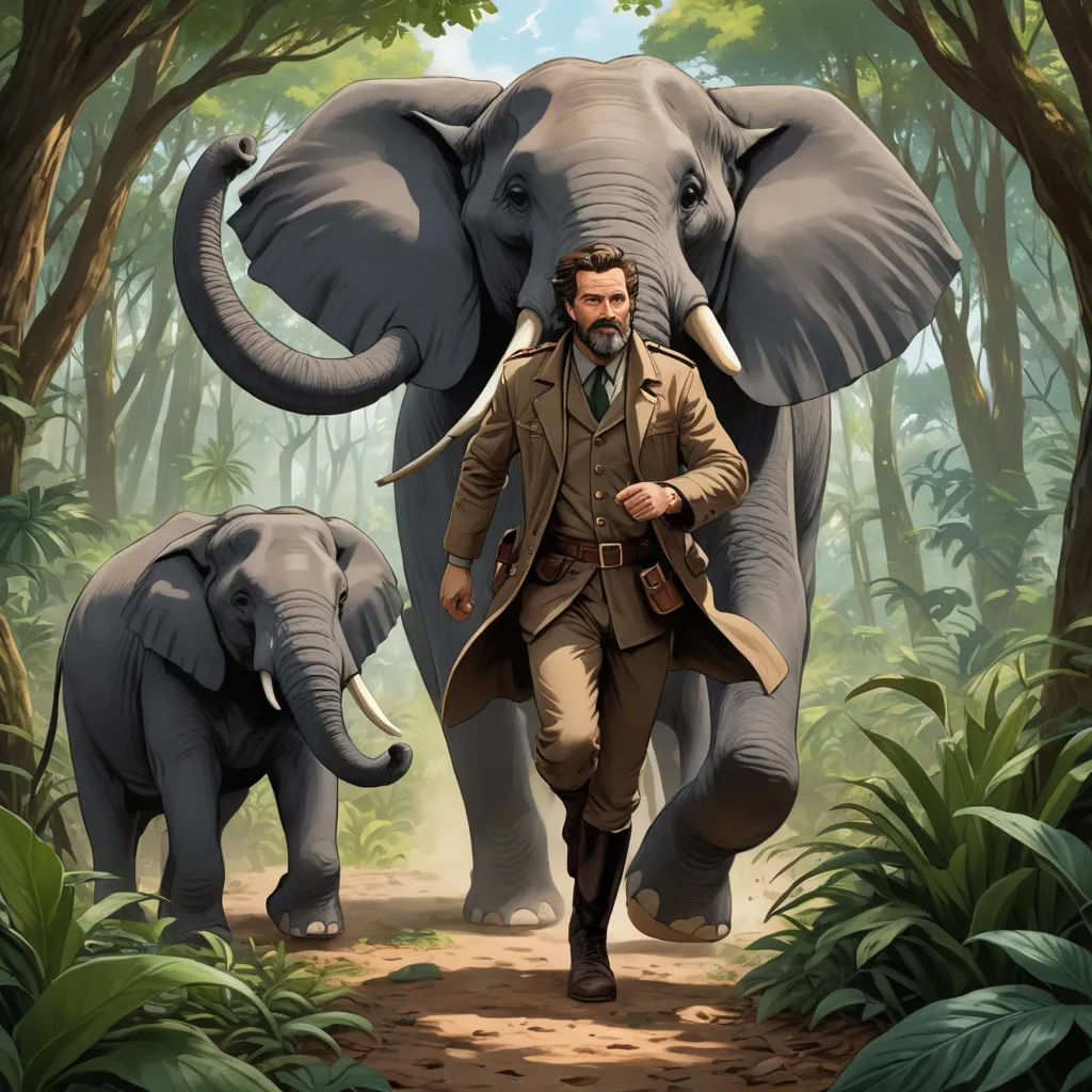 a man walking with an elephant in the jungle with another elephant behind him and another elephant behind him, both of which are walking in the same direction, primitivism, poster art, Amédée Ozenfant, official art