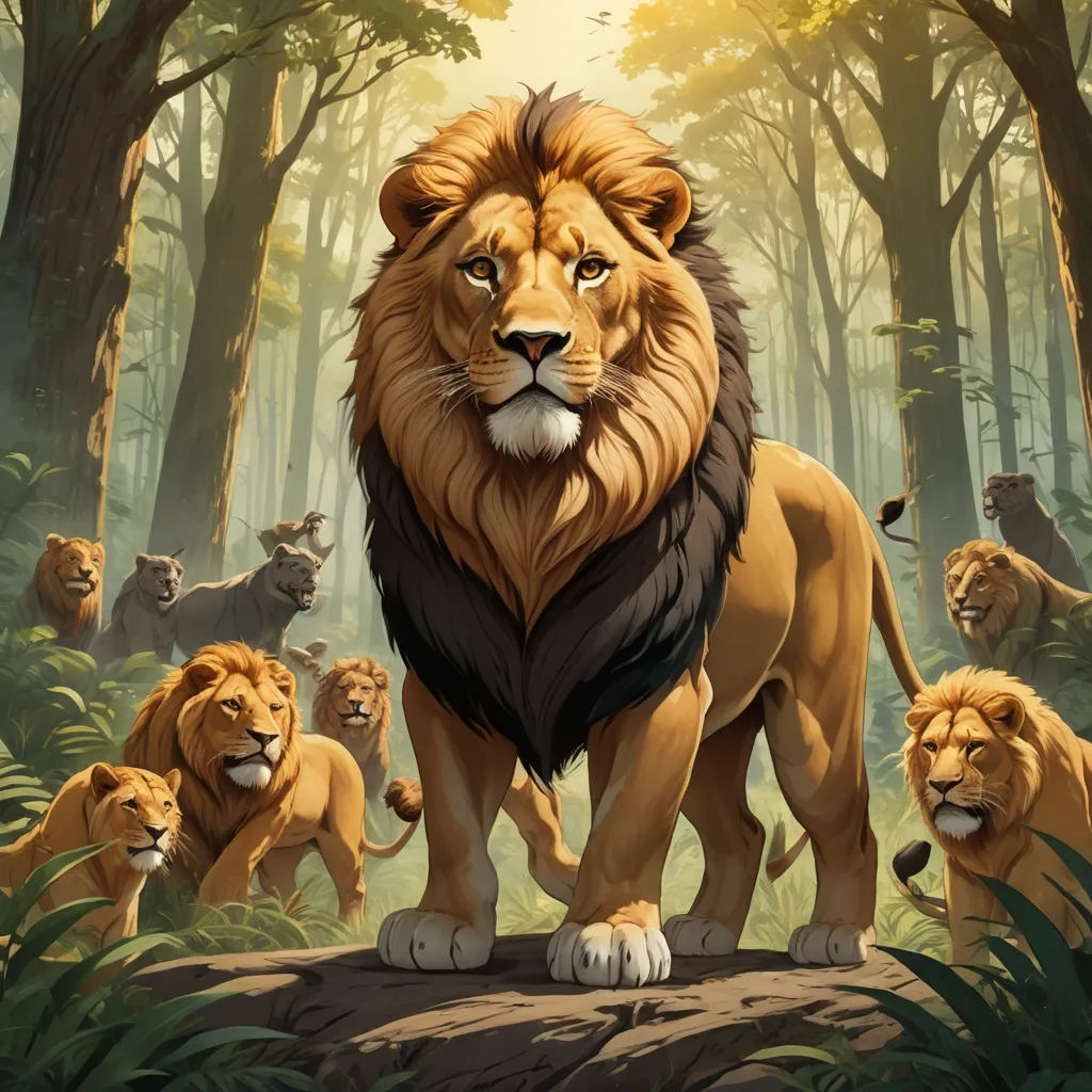 a lion standing on a rock in a forest with other lions in the background and a sunbeam in the background, furry art, poster art, Chris LaBrooy, official art