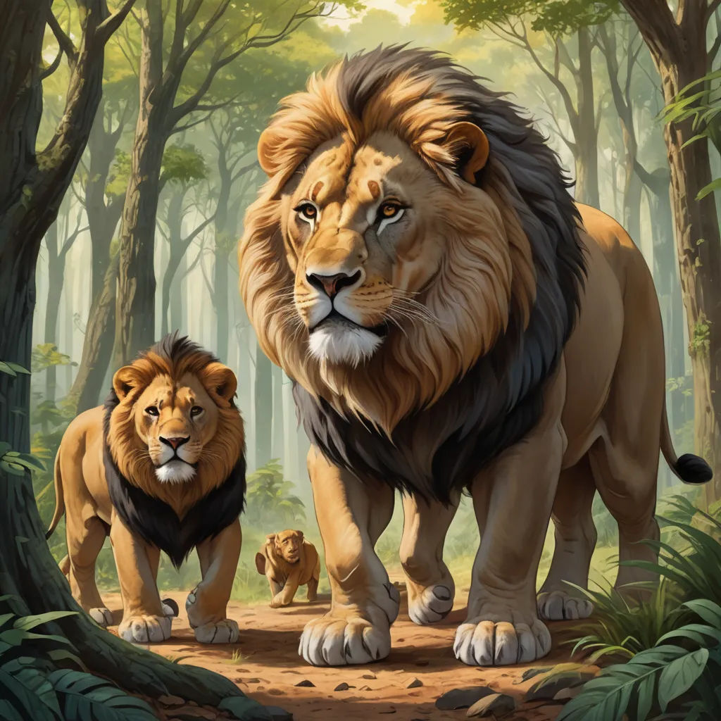 a lion and a lion cub walking through a forest of trees and bushes, with a third lion in the foreground, furry art, an oil painting, Brothers Hildebrandt, official art
