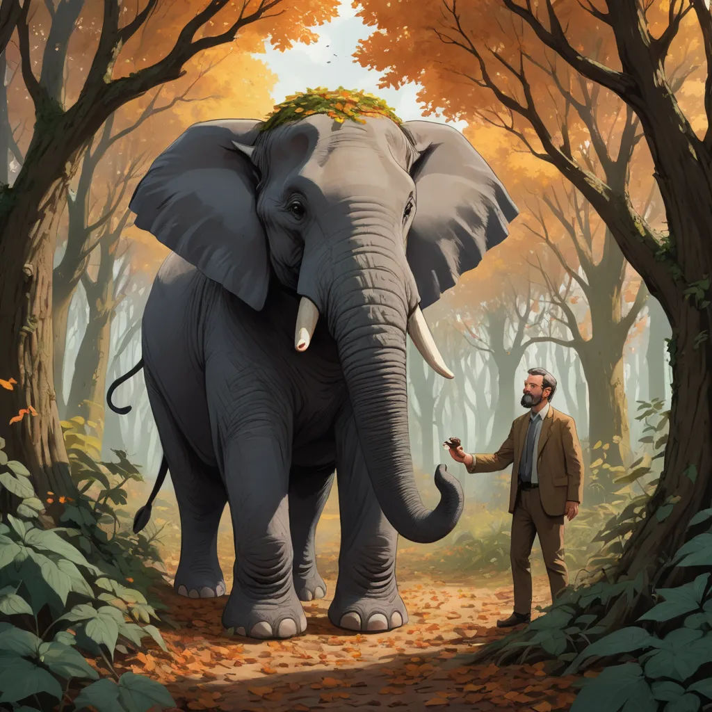 a man standing next to an elephant in a forest with trees and leaves on it's trunk and a crown on its head, magical realism, a storybook illustration, Chris LaBrooy, storybook illustration