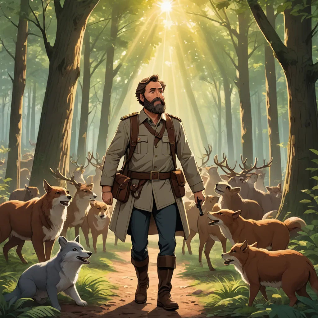a man standing in a forest with deer and a dog nearby, with the sun shining through the trees, furry art, a storybook illustration, Diego Gisbert Llorens, official art