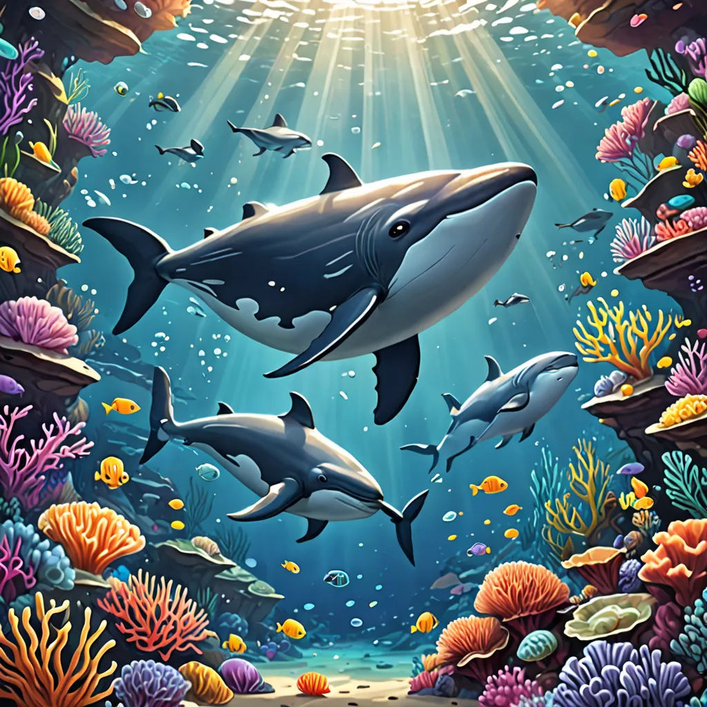 a painting of a group of dolphins swimming in the ocean with corals and other marine life around them, an airbrush painting, highly detailed digital painting, fantasy art, Dan Mumford