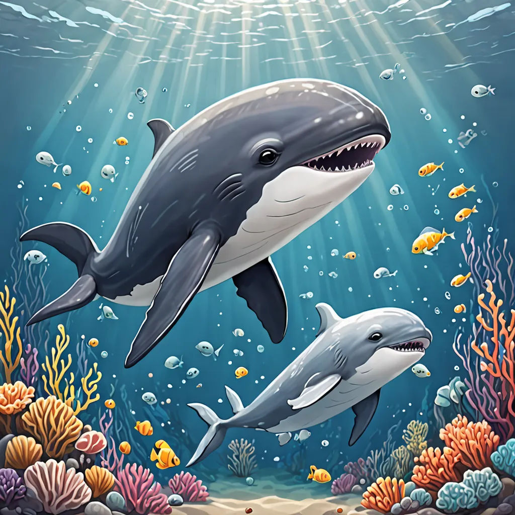 a couple of dolphins swimming under a blue ocean water with corals and fish around them and a sunbeam, a digital painting, highly detailed digital painting, rayonism, Chris LaBrooy