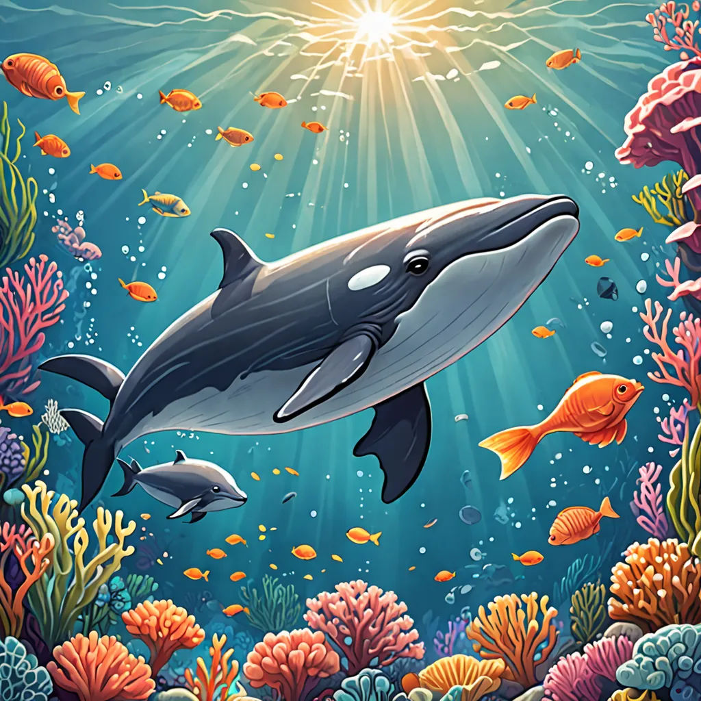 a painting of a dolphin and a fish swimming in the ocean with corals and other fish around it, a storybook illustration, highly detailed digital painting, fantasy art, Chris LaBrooy