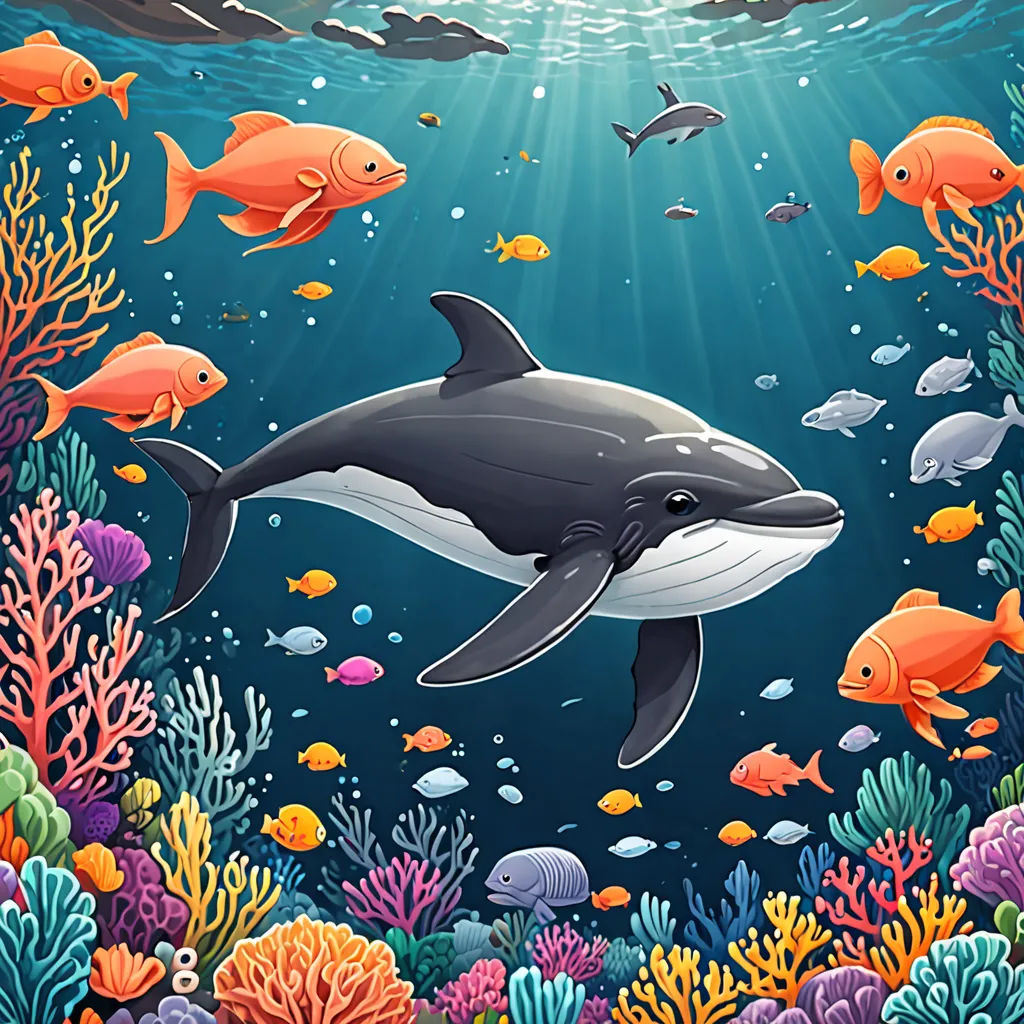 a painting of a dolphin swimming in the ocean with fish around it and corals and seaweed around it, a storybook illustration, ocean, computer art, Chris LaBrooy