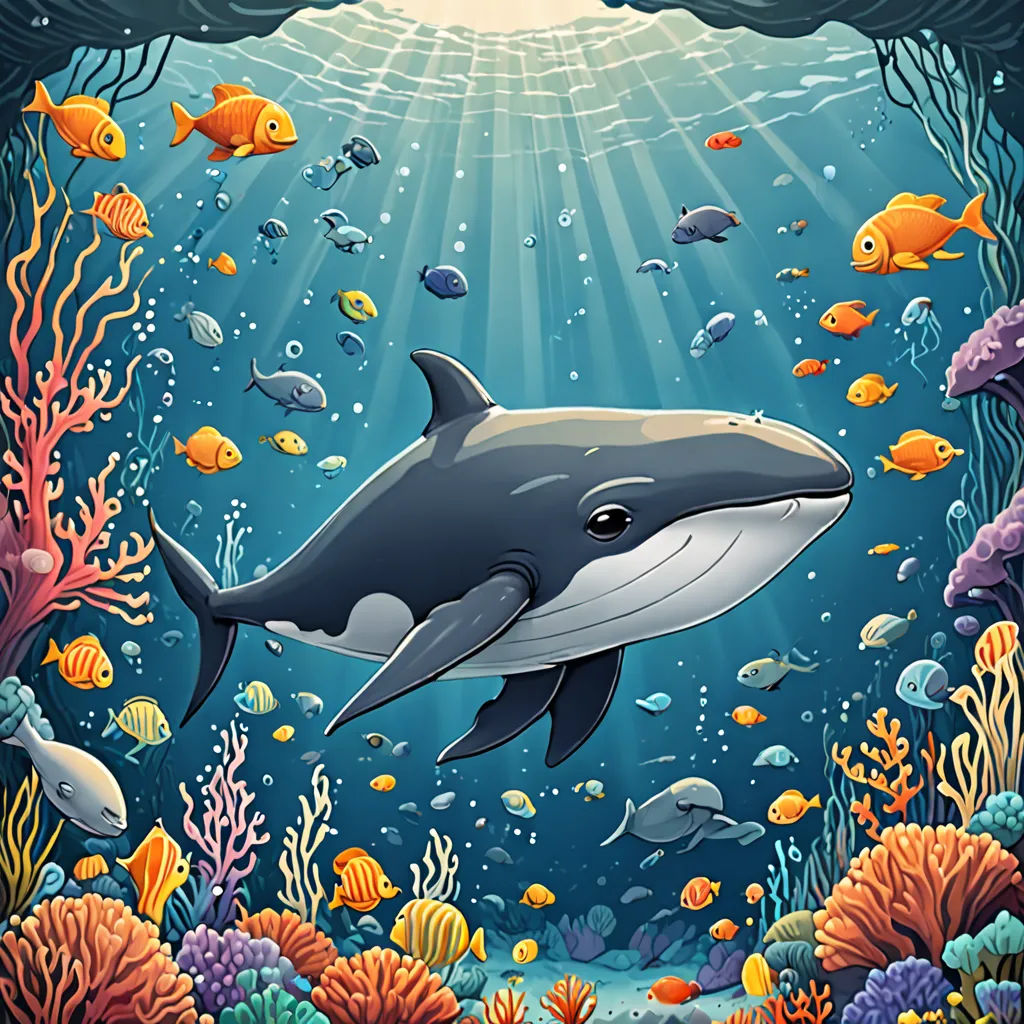 a dolphin swimming in the ocean surrounded by fish and corals with sunlight shining through the water's surface, a storybook illustration, ocean, computer art, Chris LaBrooy