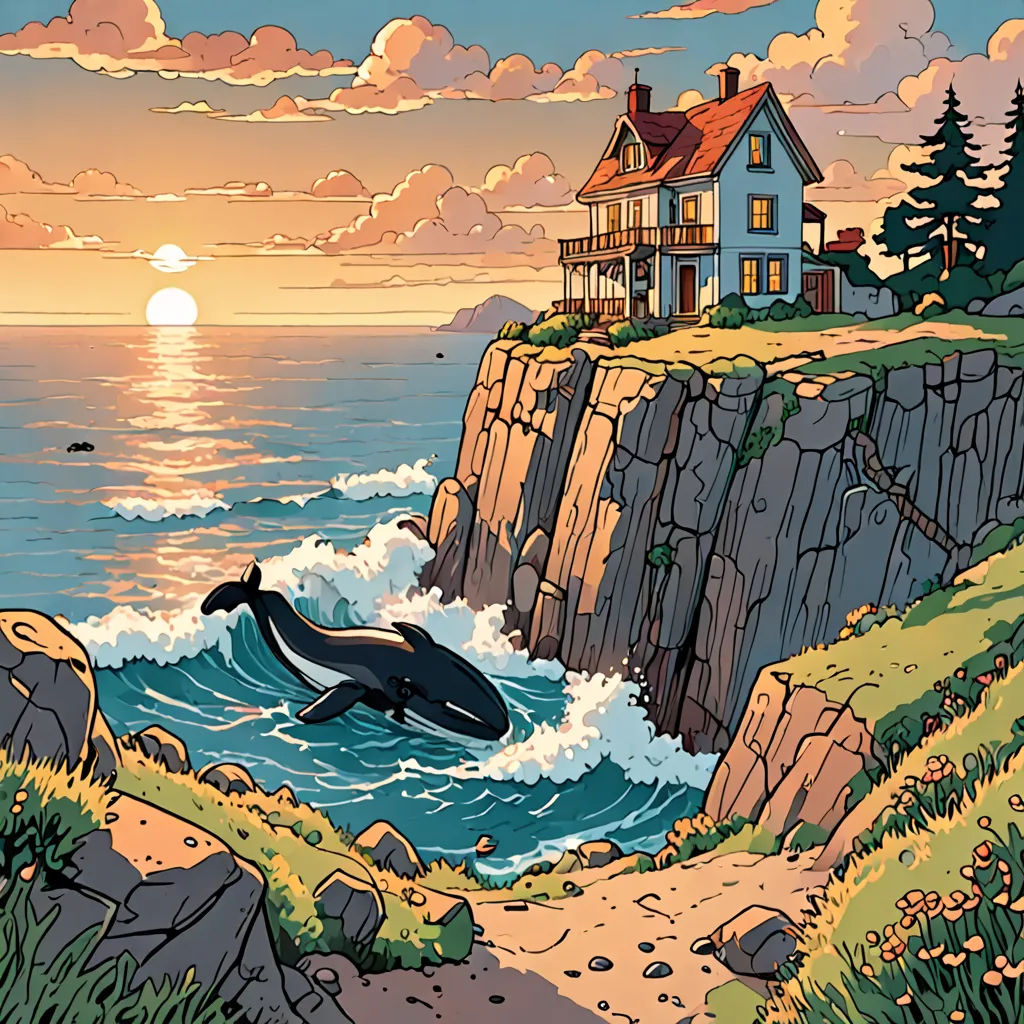 a painting of a house on a cliff with a whale swimming in the water below it and a cliff with a house on top, a comic book panel, ocean, american scene painting, Cliff Childs