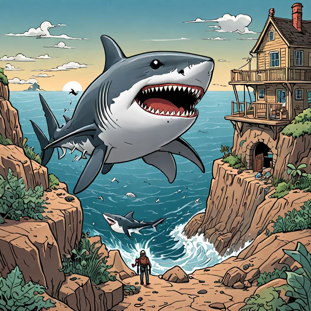 a man standing on a cliff looking at a shark with a house in the background and a shark in the foreground, a storybook illustration, comic cover art, pop surrealism, Chris LaBrooy
